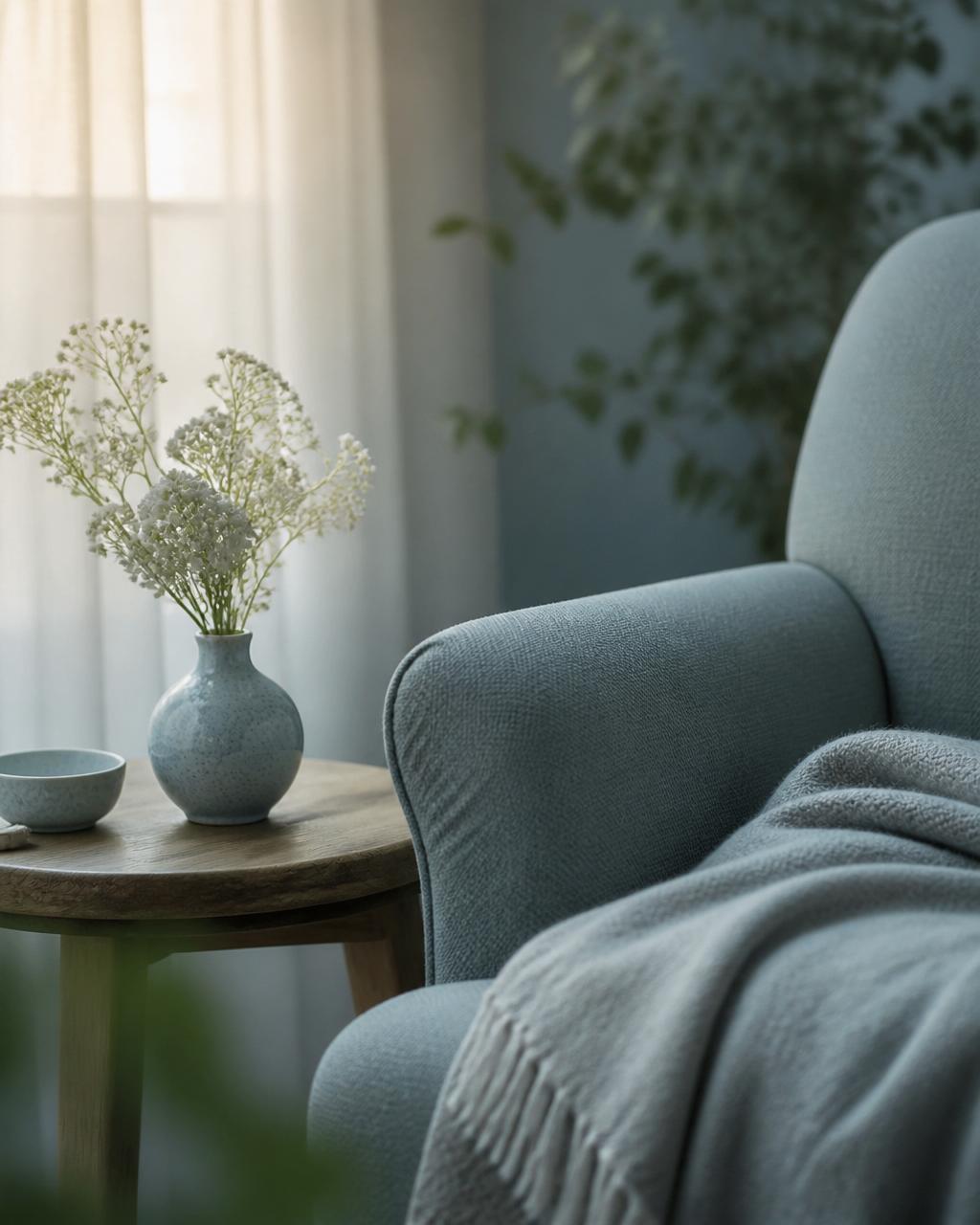 Poltrona acolhedora com flores brancas e luz suave, ambiente de escuta e acolhimento no luto